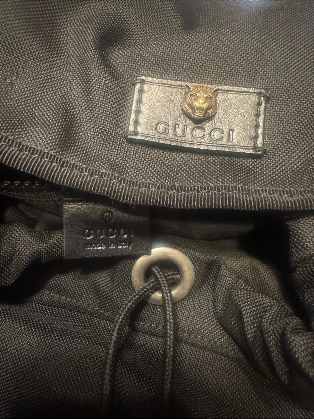 Gucci Black Canvas Backpack with Red and Green Stripe Accents